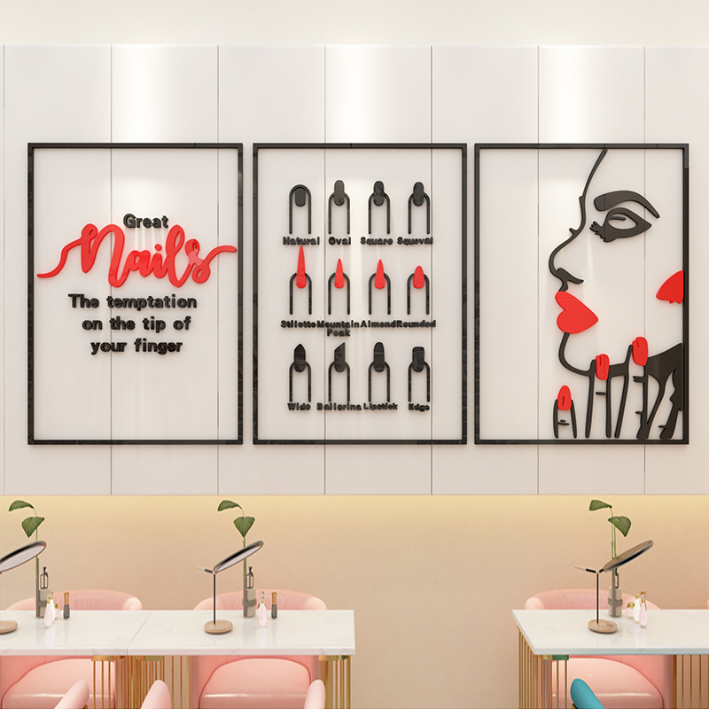 Tranh dán tường mica 3d- nail đen đỏ - trang trí tiệm nail, nối mi, spa, viện thẩm mỹ