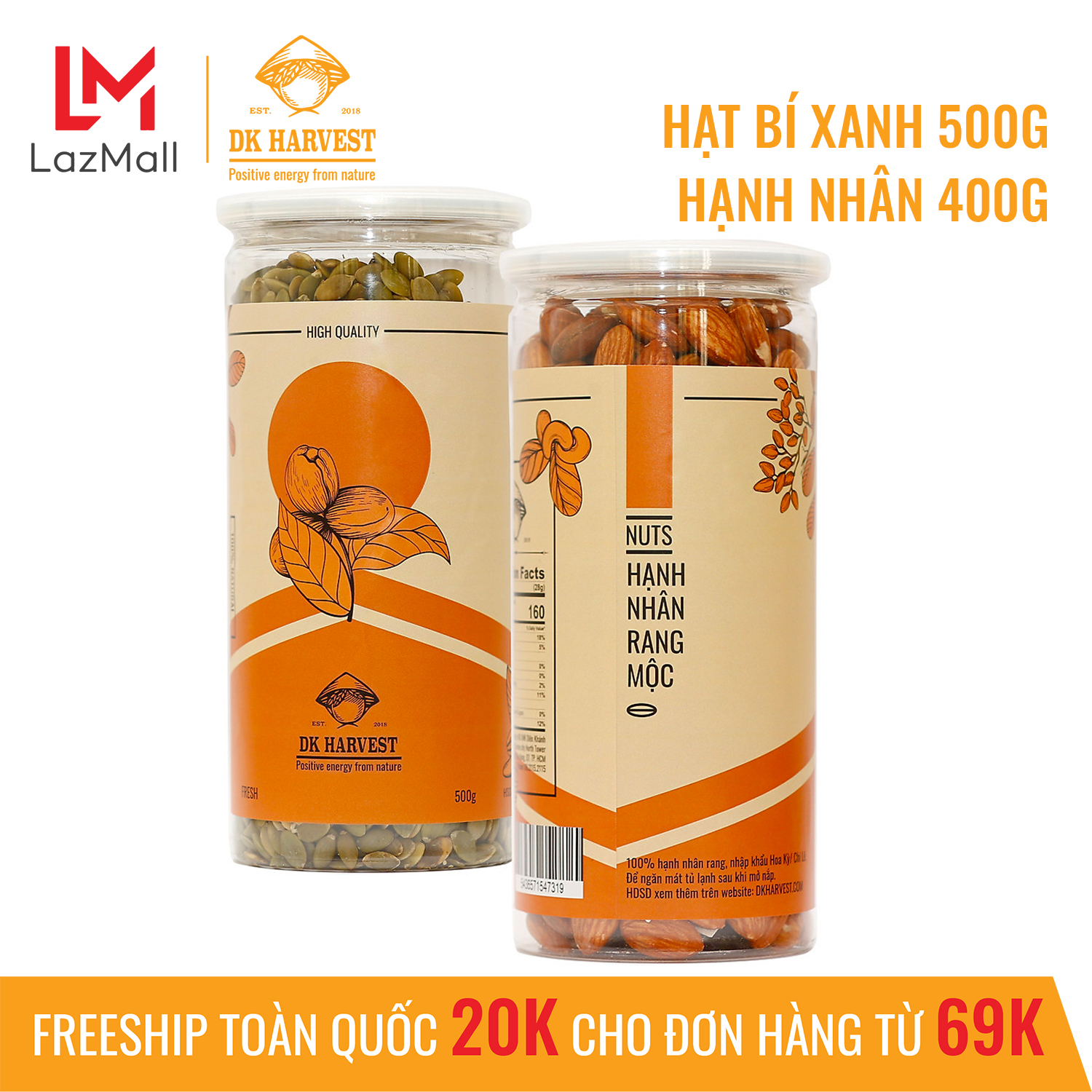 COMBO SIÊU TIẾT KIẾM - 1 Hũ Hạt Bí Xanh DK Harvest 500g + 1 Hũ Hạt Hạnh Nhân DK Harvest 500g