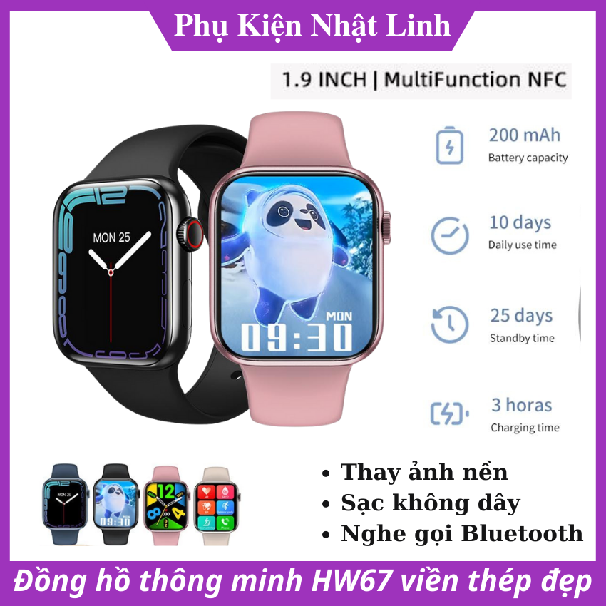 [ Thanh Lí] Smartwatch Hw67 Plus màn 1.9 Inch Sr7 NFC đồng hồ thông minh viền thép, thay ảnh nền, sạc không dây, hỗ trợ tập luyện, BH 12 tháng - Link Dteco