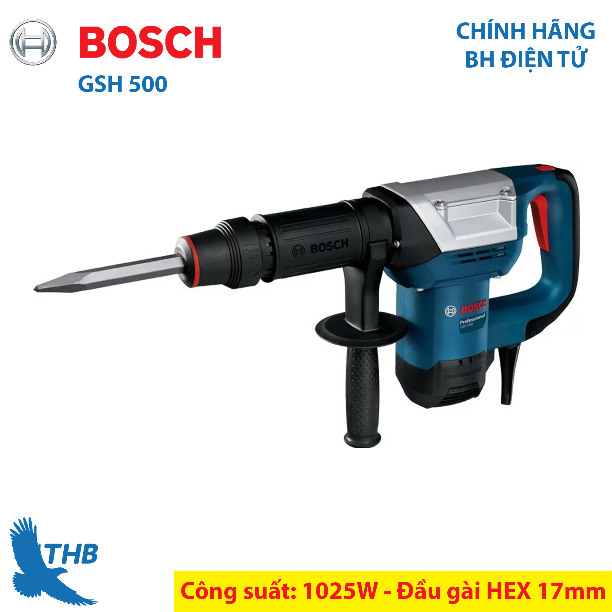 [Trả góp 0%] Máy đục Bosch chính hãng GSH 500 công suất 1025W đầu gài Hex 17mm