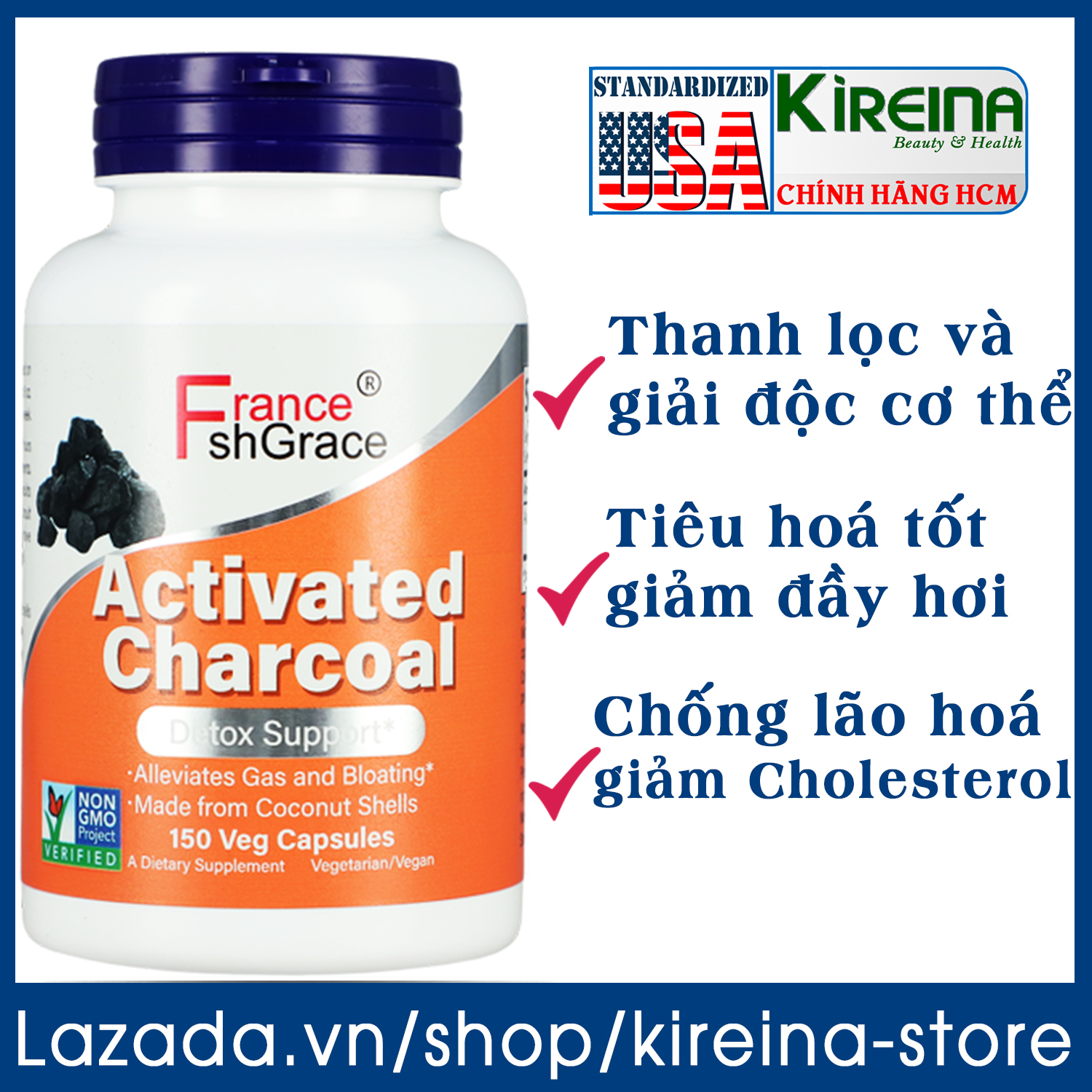 Viên uống than hoạt tính thanh lọc và giải độc cơ thể hỗ trợ tiêu hoá Activated Charcoal 500 mg 150 viên