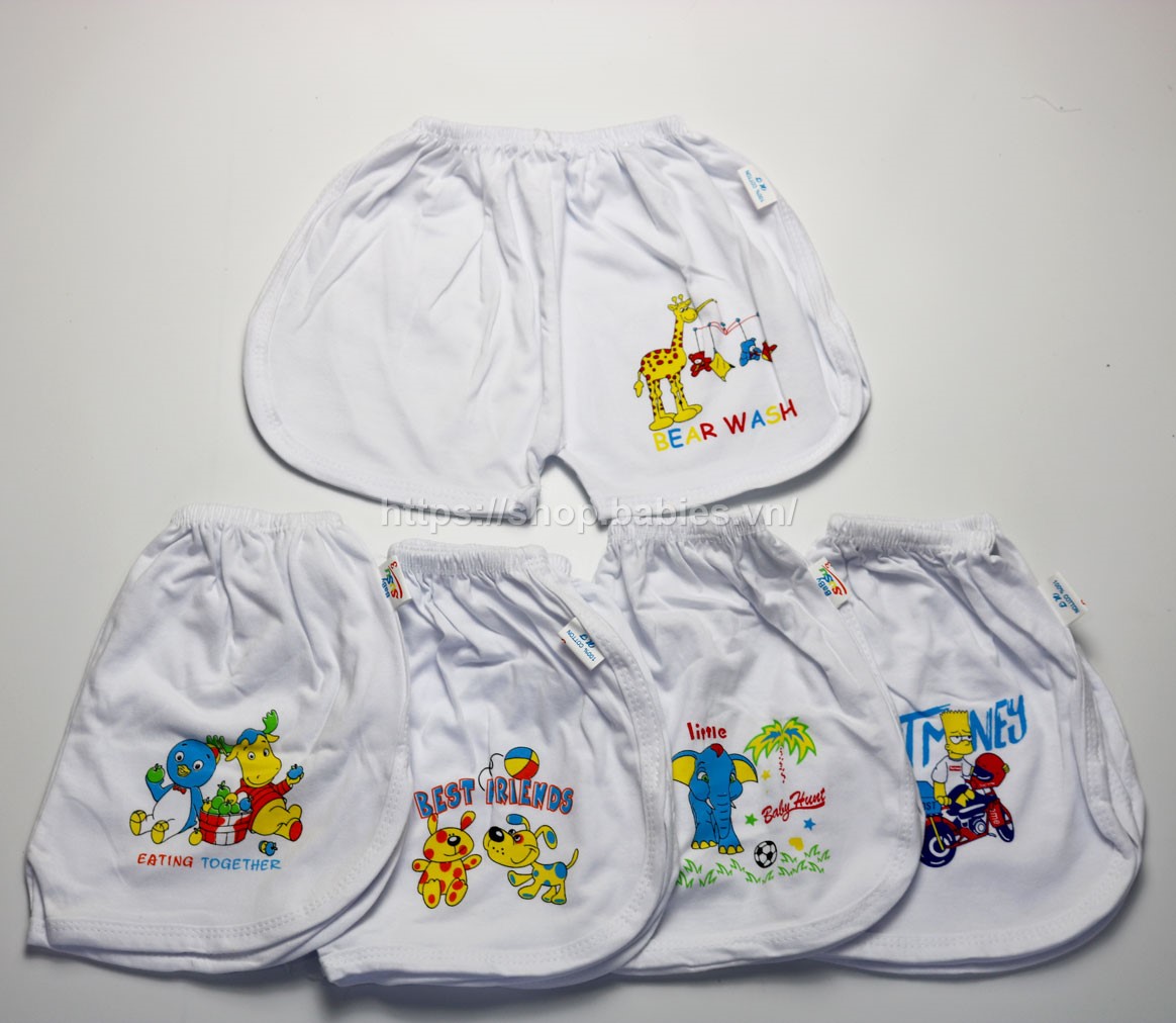 Bộ 5 quần ngắn trắng in hình(Cho em bé từ 3-22 kg)