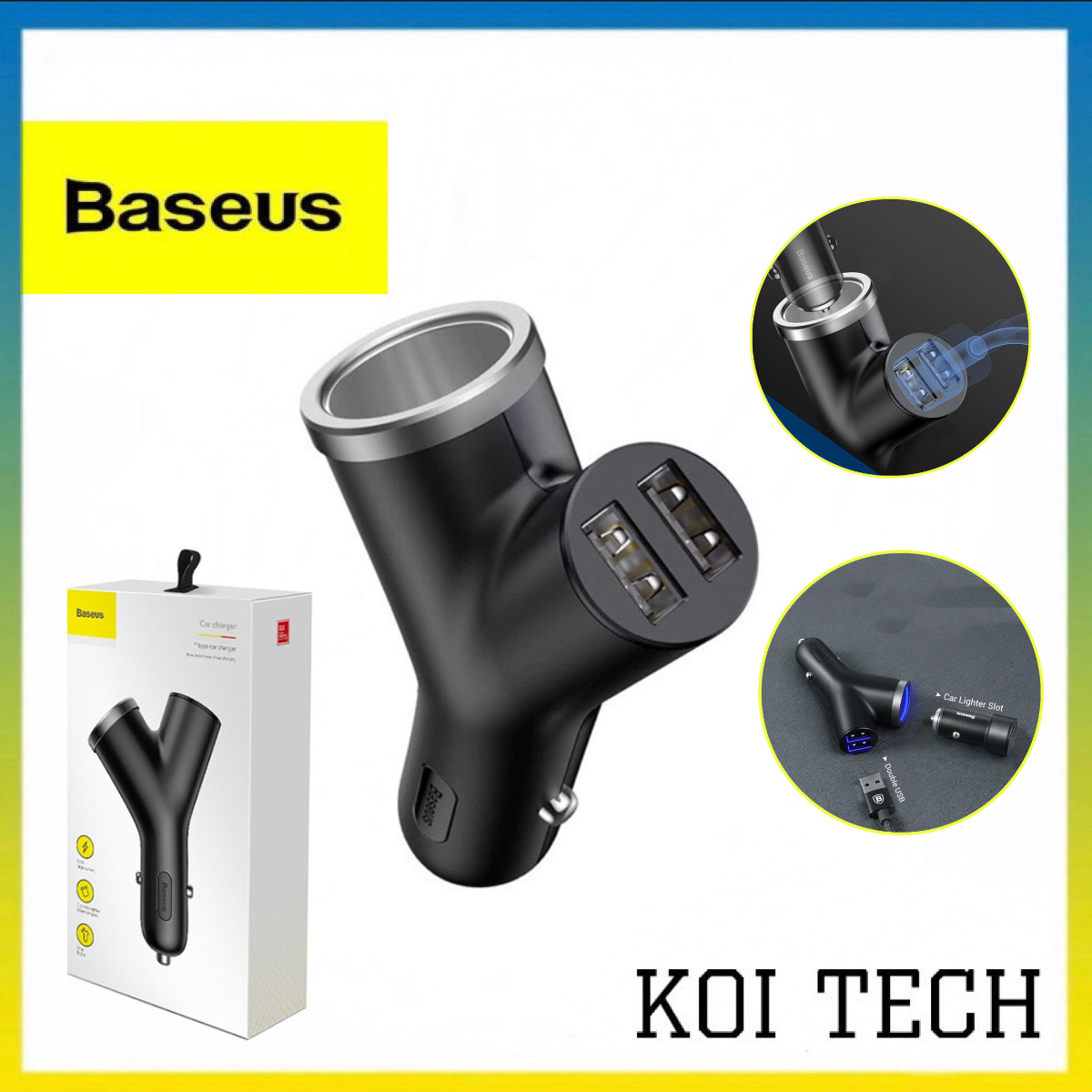 Tẩu sạc oto 3 cổng chữ Y baseus BSC-C16N - Bộ chia tẩu sạc oto đa năng baseus  - KOI TECH