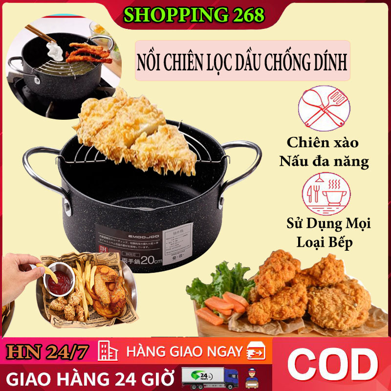 Nồi chiên lọc dầu chống dính tặng kèm khay ráo mỡ vân đá siêu bền, Chảo chiên ngập dầu sâu lòng chống dính, chảo chiên không dầu, nồi chiên ngập dầu có thể nấu bếp ga, bếp từ, bếp hồng ngoại