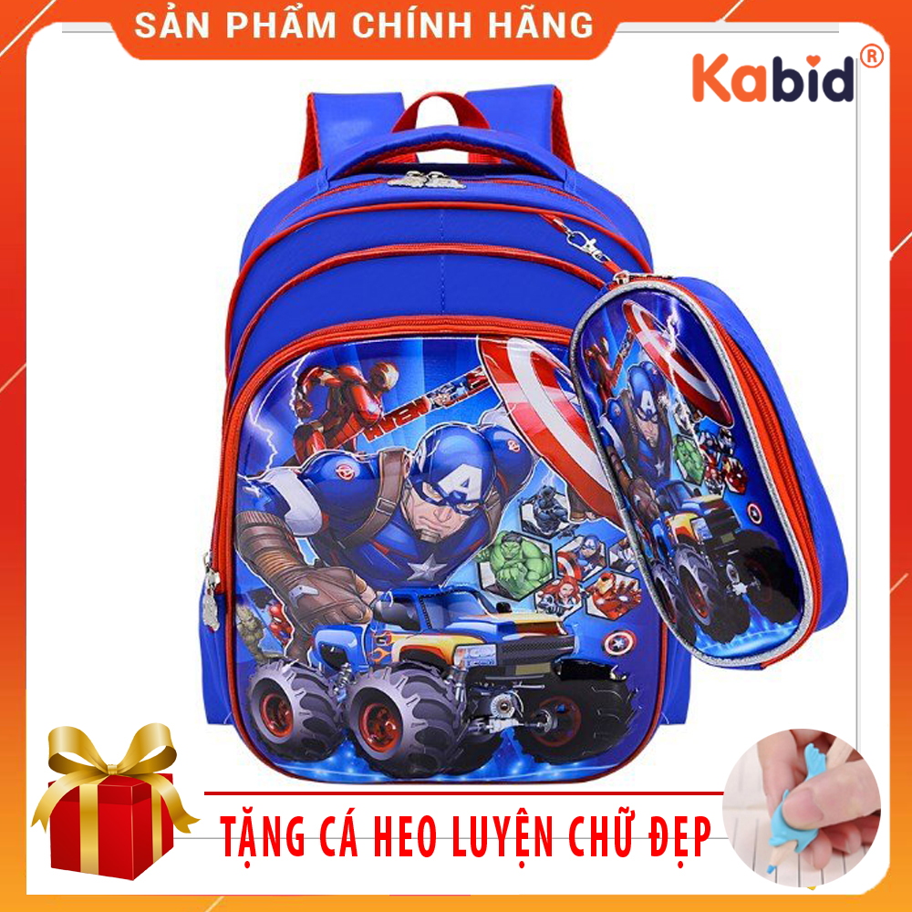 Balo học sinh cấp 1 hình đội trưởng Mỹ siêu hot in 3D, balo siêu nhẹ cho các bé + Kèm theo túi bút cùng màu - Tặng cá heo viết chữ đẹp