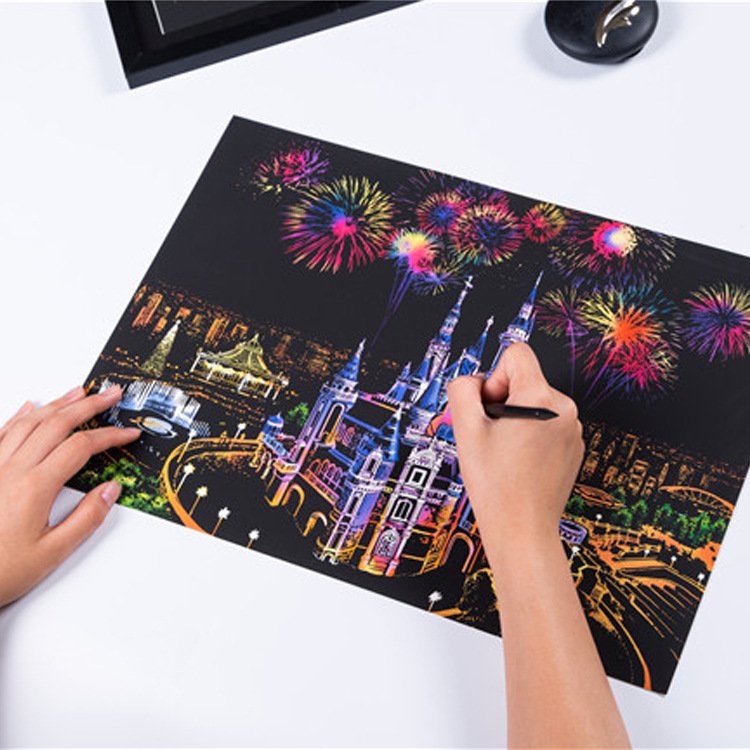 Scratch card bộ 4 tấm post card tranh cạo tự làm hình phong cảnh, tòa nhà làm quà tặng cho bé