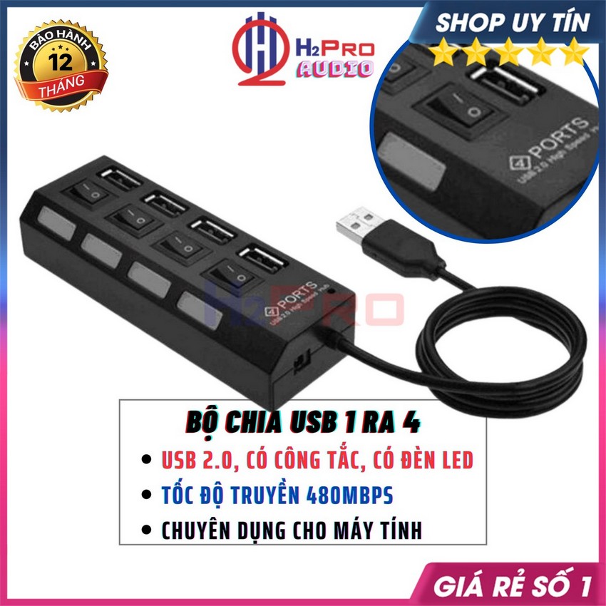 Bộ Chia Cổng Usb 2.0 1 Ra 4, 1 Ra 7 Có Công Tắc, Có Đèn Báo, Cắm Là Nhận, Tốc Độ Cao-H2Pro Audio