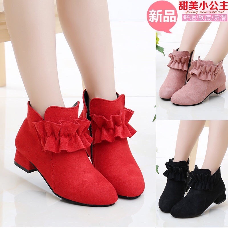 Giày bốt gót cao thời trang Anh Quốc chất dạ xinh xắn dành cho bé gái 3-18 tuổi size 27-37 màu Đen Đỏ Hồng Boots trẻ em