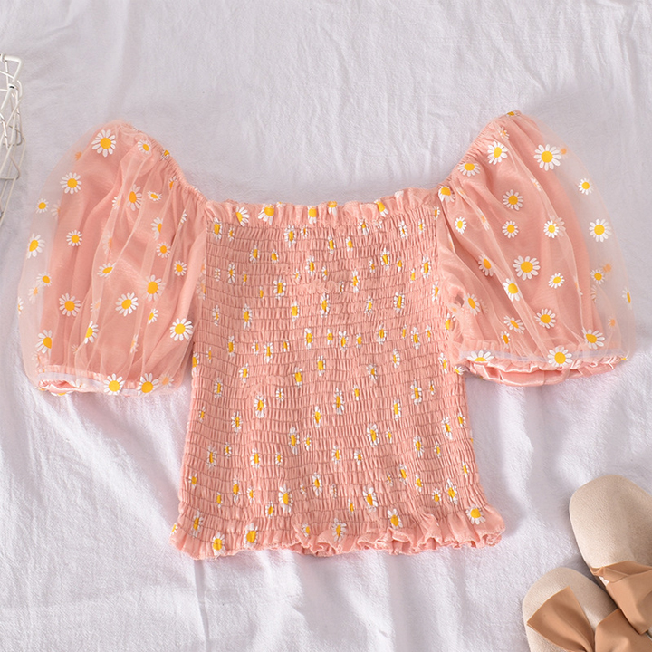 Áo trễ vai hoa cúc hot trend kiểu áo crotop bo chun xinh xắn