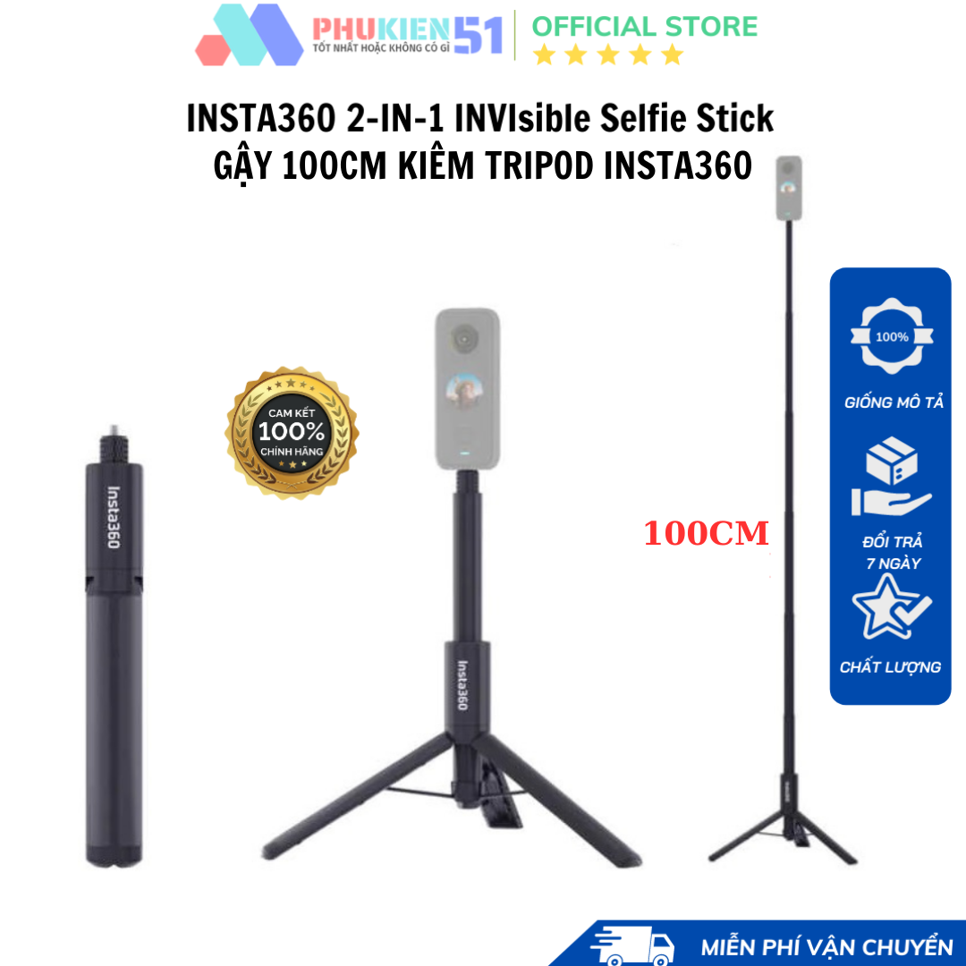  Gậy tàng hình tích hợp tripod 2 in 1 INSTA360 kéo dài 100cm Invisible Selfie Stick + Tripod- Chính Hãng 