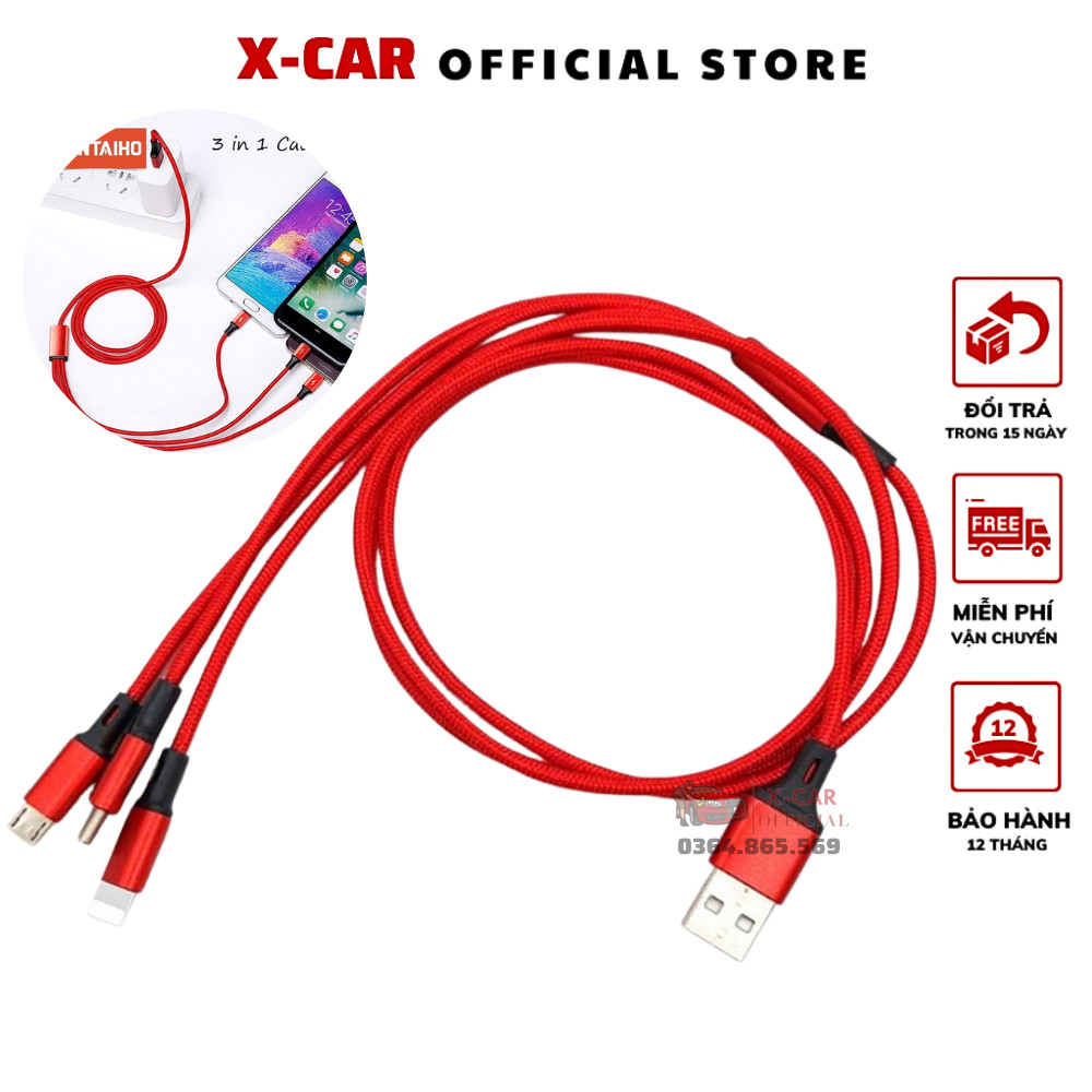 Dây sạc 3 đầu type c, lightning, micro usb siêu bền tích hợp công nghệ
