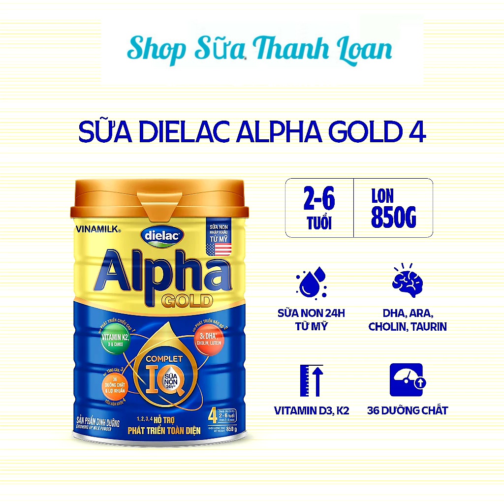 (HSD T10-2025) Sữa Bột Vinamilk Dielac Alpha Gold 4 - Hộp thiếc 850g (Cho Trẻ Từ 2- 6 Tuổi).