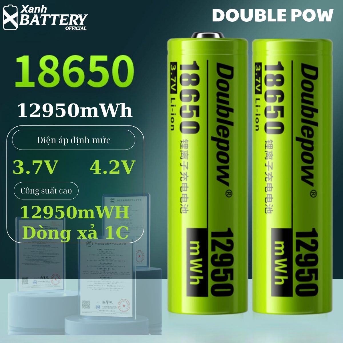 Pin sạc 18650 Doublepow 3.7V 12950mWh dòng xả cao công suất lớn cho đèn chiếu sáng,xe điện- Dung lượng thực không ảo