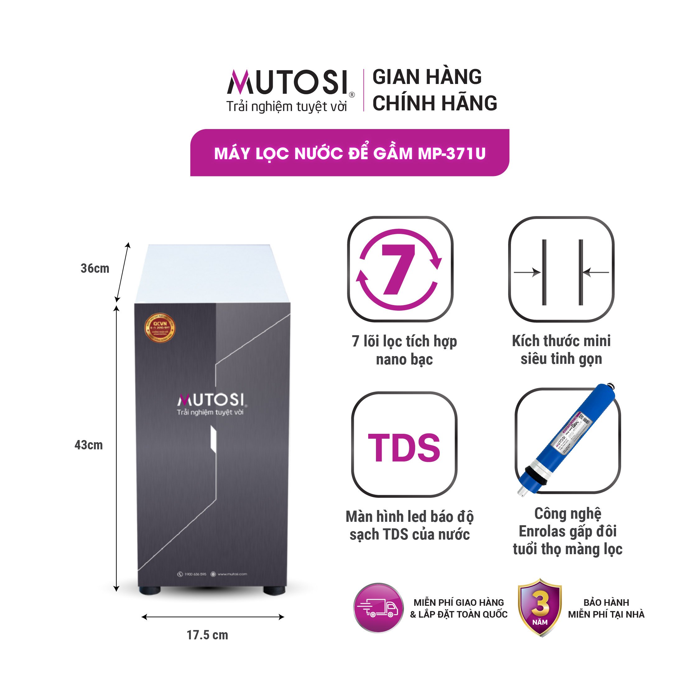 Máy lọc nước ro để gầm, tủ bếp 7 lõi mutosi mp-371u - công nghệ ro