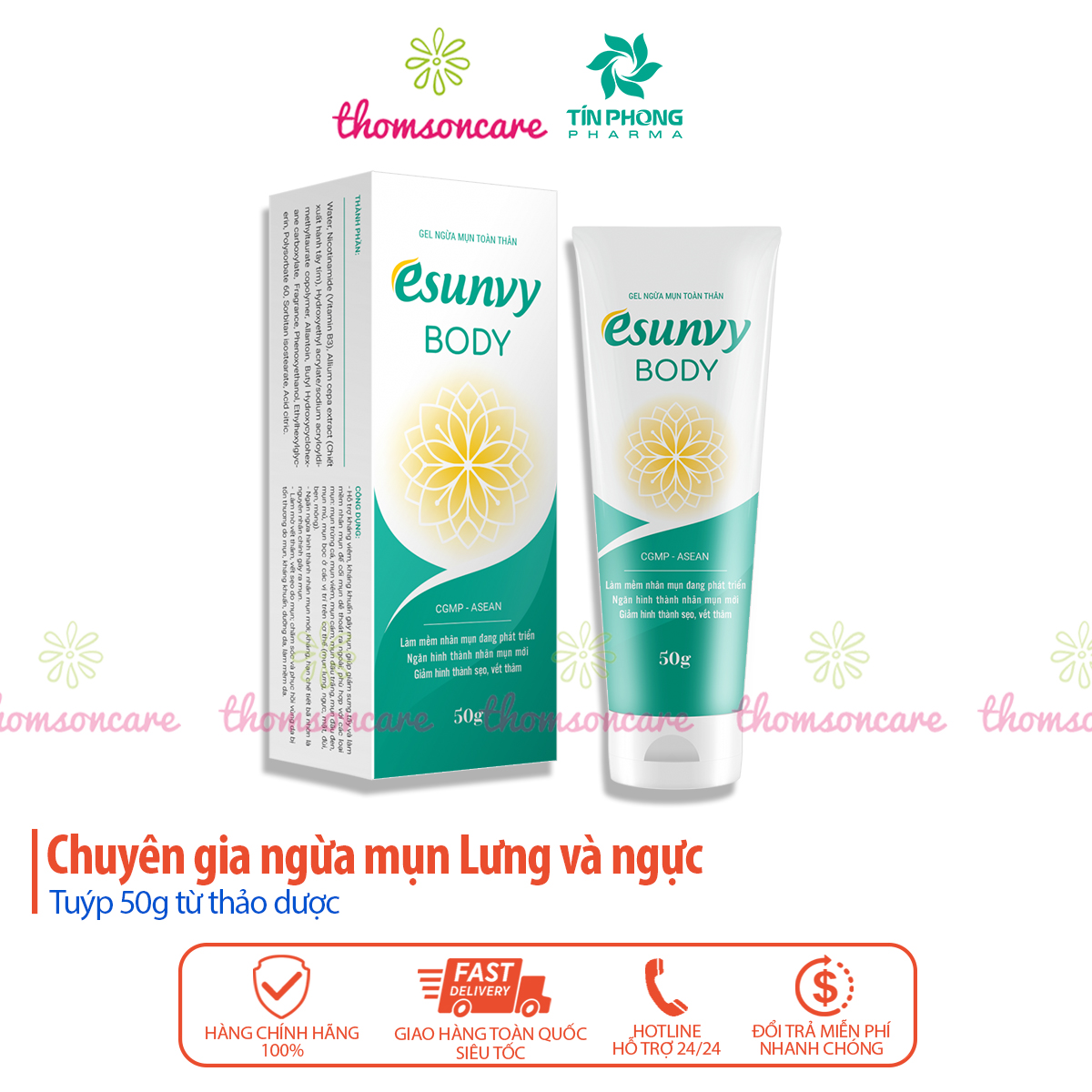 Kem ngừa mụn lưng và toàn thân Esunvy Body từ thảo dược - tuýp 50g mụn đầu đen mụn bọc mờ sẹo