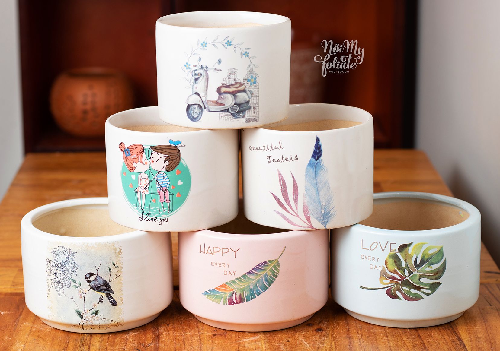 Chậu trồng xương rồng/sen đá tráng men in hình thú & hoa lá dễ thương - Mini