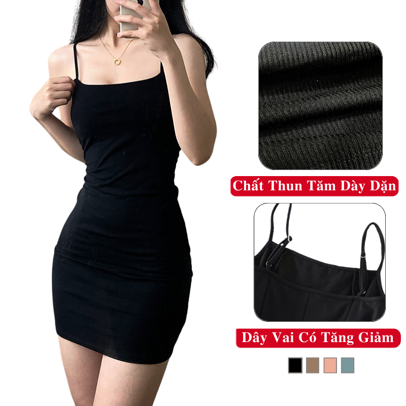 Đầm body ngắn hai dây madela thun gân tăm dày dặn, váy body 2 dây ngắn dáng ôm sexy