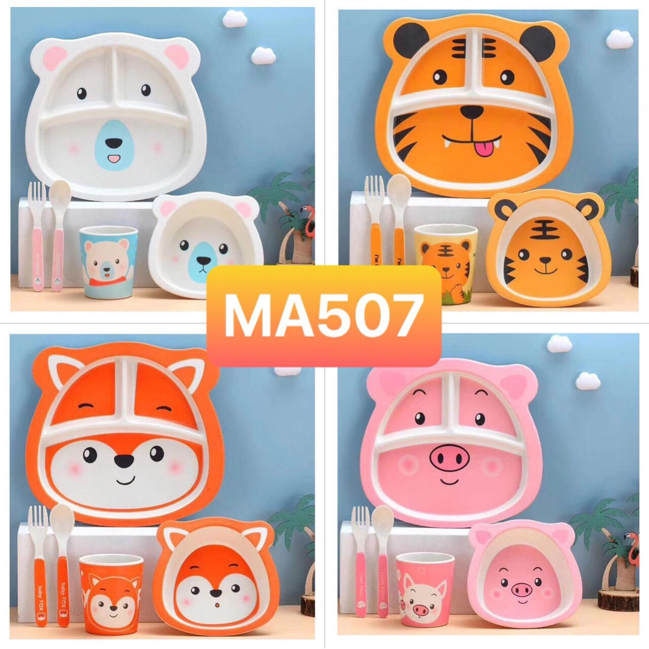 Bộ khay ăn dặm cao cấp sợi tre 5 món an toàn, thân thiện- khay ăn dặm cho bé trai, bé gái, bát ăn dặm sợi tre an toàn Pocokids