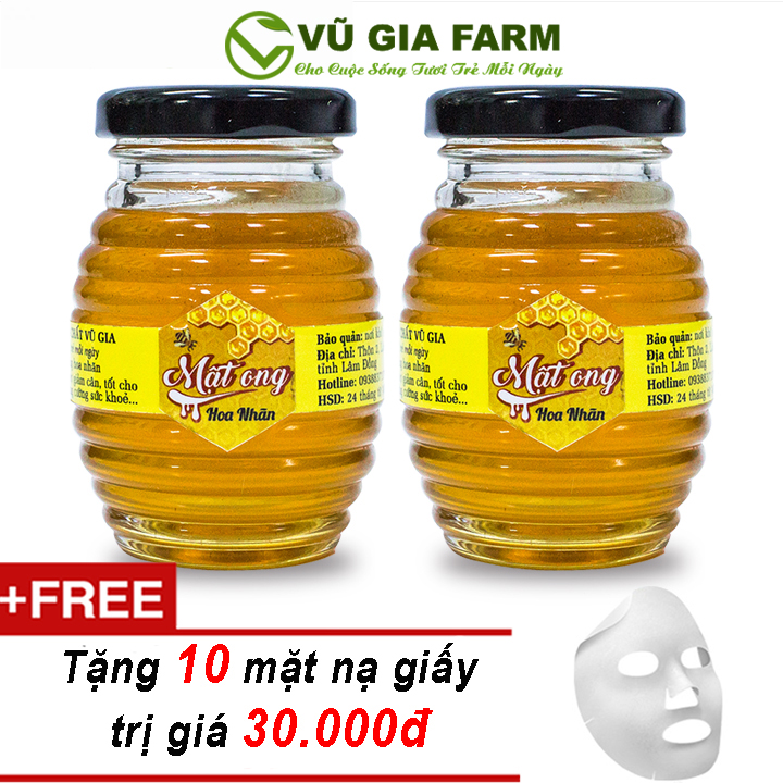 Combo 2 Mật Ong Hoa Nhãn Nguyên Chất Vũ Gia (100ml/hũ) + Tặng 10 Mặt nạ giấy - Đắp mặt nạ, chăm sóc, tại tạo da, tẩy tế bào chết - Đã được kiểm nghiệm y tế