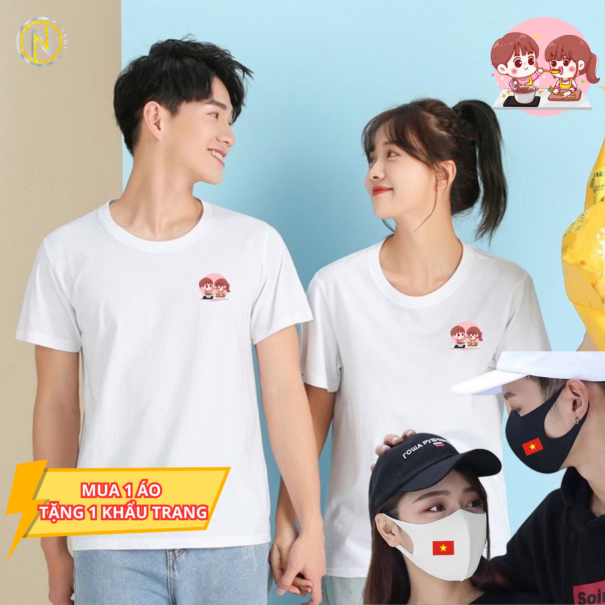 Áo thun cặp đôi tình yêu gá tốt - Thời trang OCN Mẫu 3- Nữ, Top Áo đôi 2 Chi bi nấu ăn Mua áo tặng khẩu trang