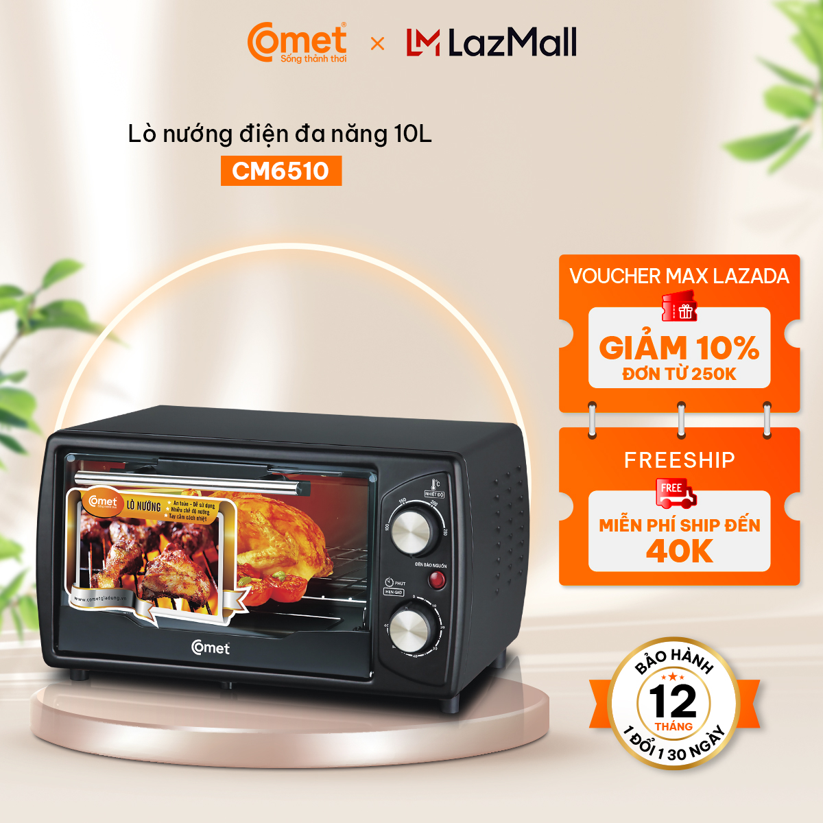 Lò nướng điện mini đa năng COMET - CM6510 10L - Lò nướng điện nhỏ gọn - Hàng Chính Hãng - BH 12 Tháng