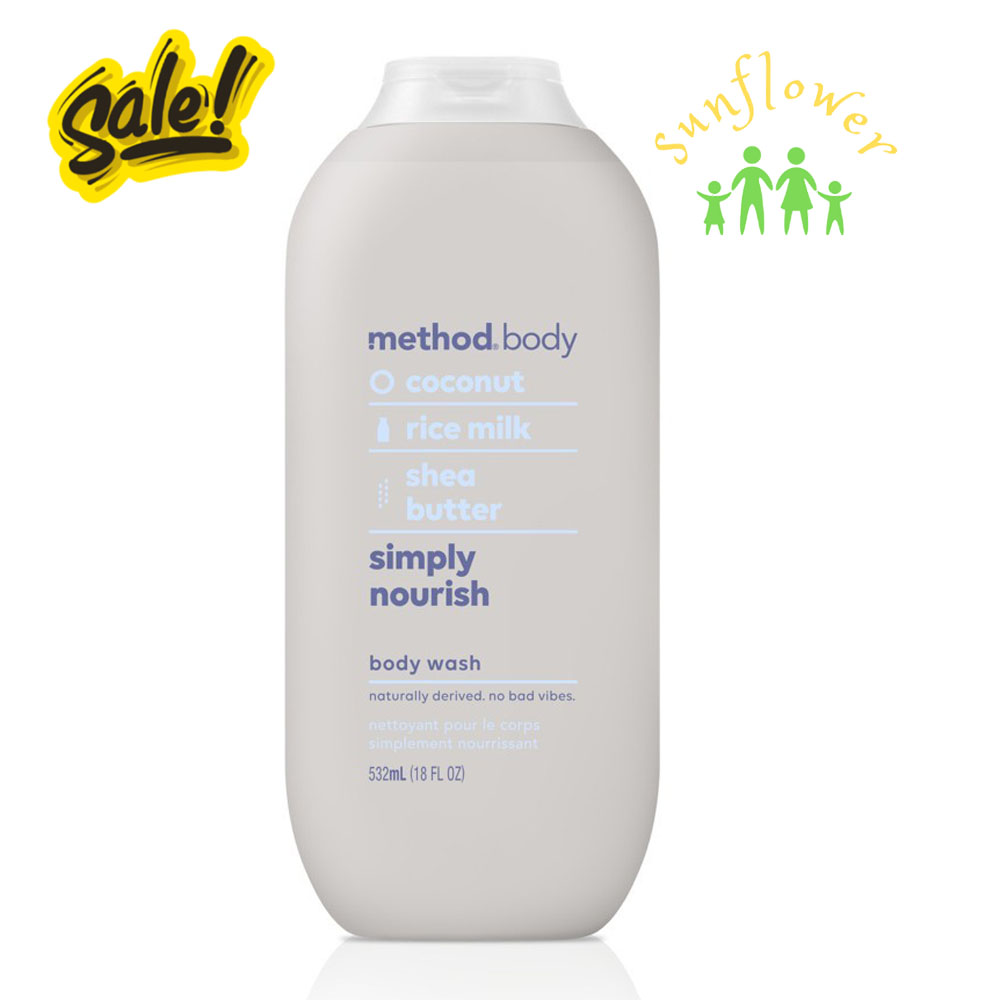 Sữa tắm dưỡng ẩm Method Body màu xám Simply Nourish coconut and rice milk hương dừa sữa gạo 532ml của Úc