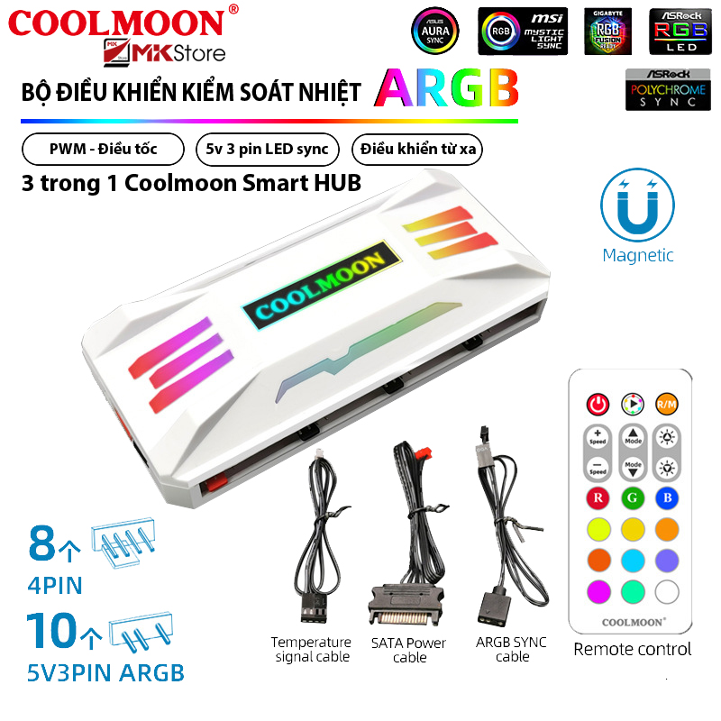 Bộ hub remote coolmoon sync 3pin 5v a-rgb và 4pin pwm / quạt tản nhiệt led vô cực sync 3pin 5v a-rgb mkstore