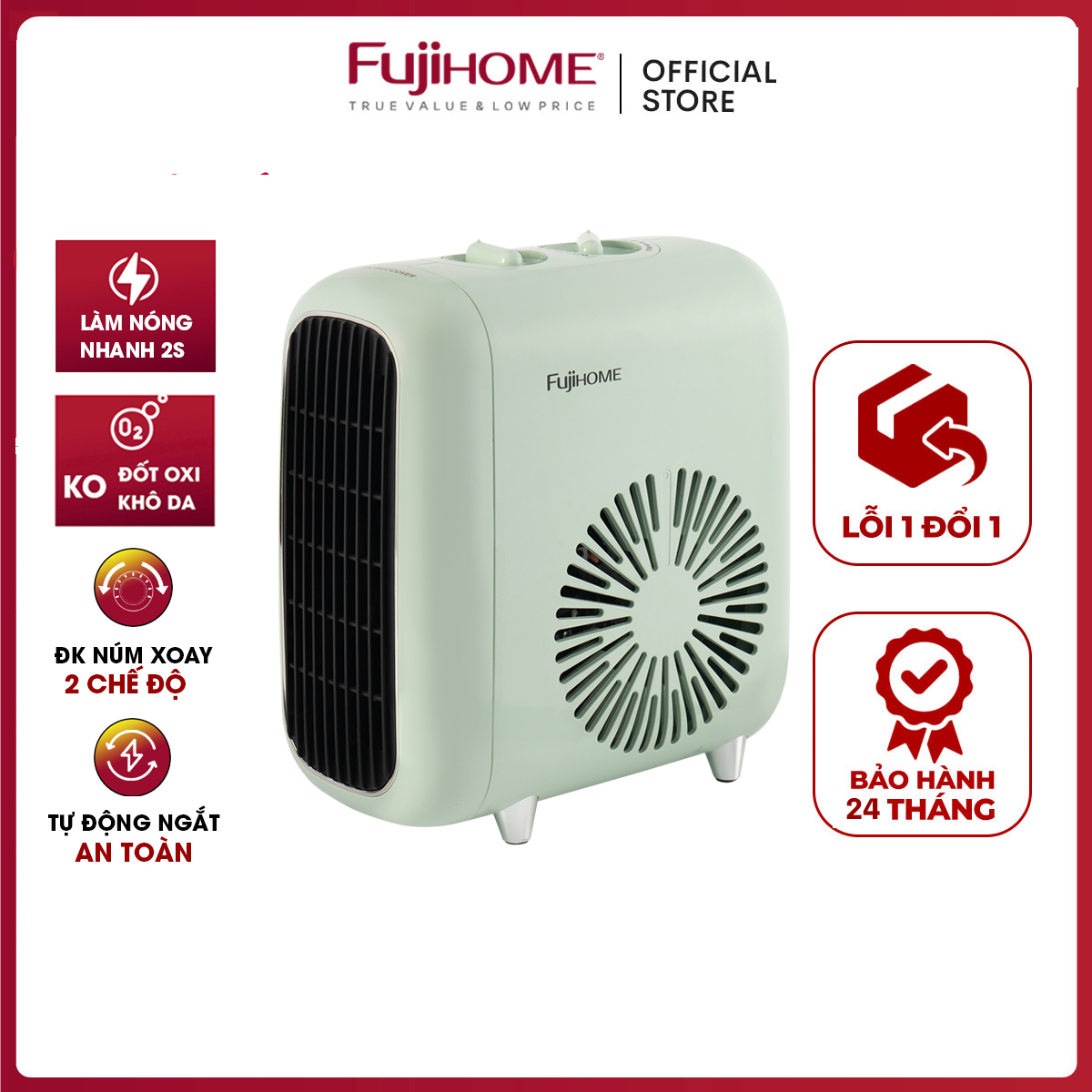 Quạt sưởi gốm mini nhập khẩu không khô da FUJIHOME, máy sưởi ceramic không đốt oxi không phát sáng 3 tốc độ