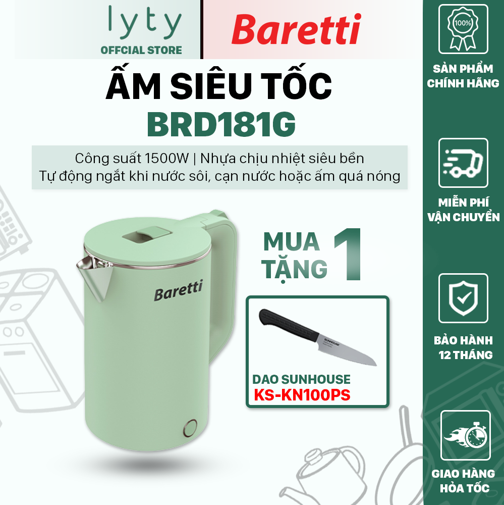 Tặng dao sunhouse - ấm siêu tốc baretti 1.8 lít brd181g - bảo hành chính hãng 12 tháng