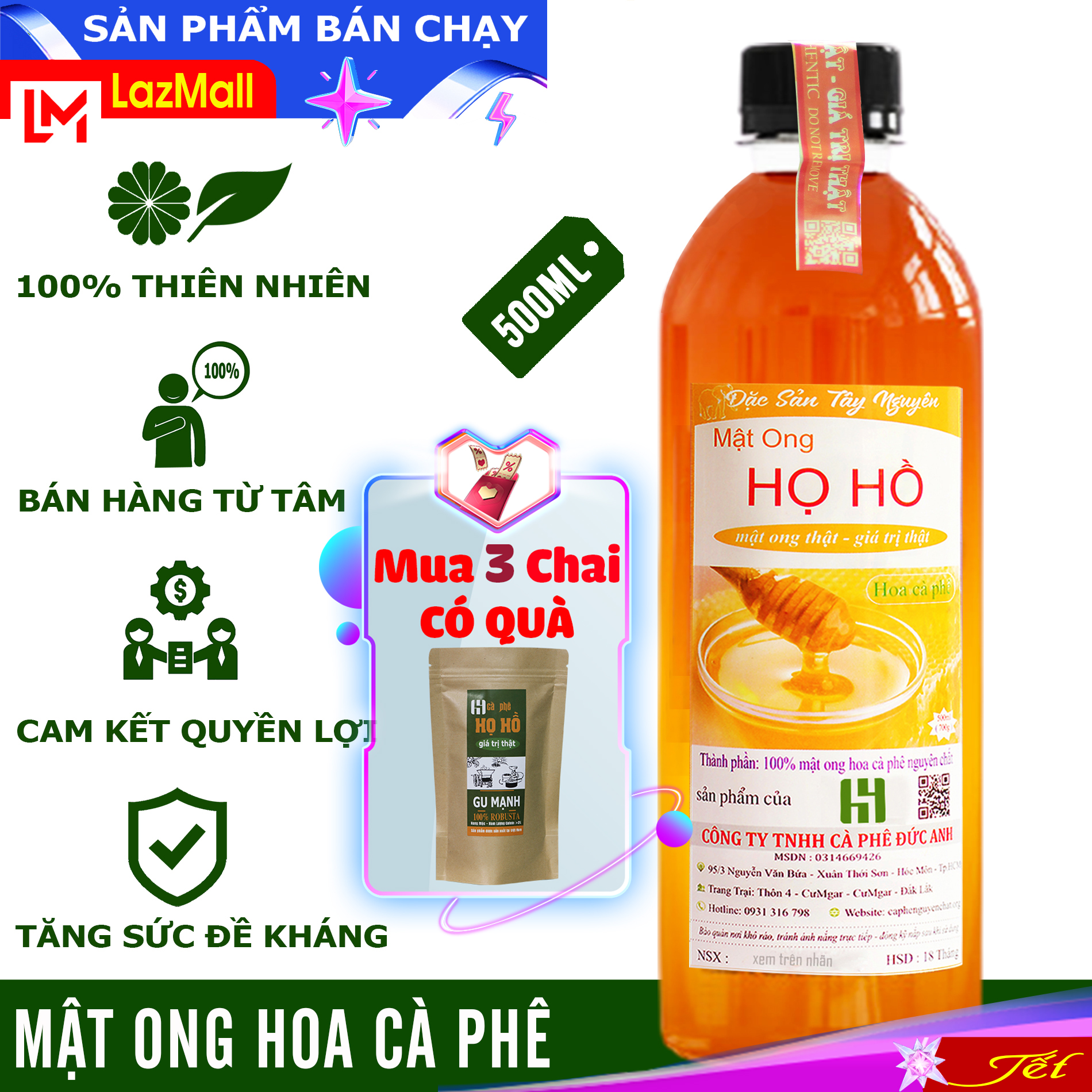 [Sale trợ giá] Mật ong nguyên chất hoa cà phê, chai 500ml - thương hiệu mật ong Họ Hồ mật thật giá trị thật - TOP BÁN CHẠY BÁCH HÓA