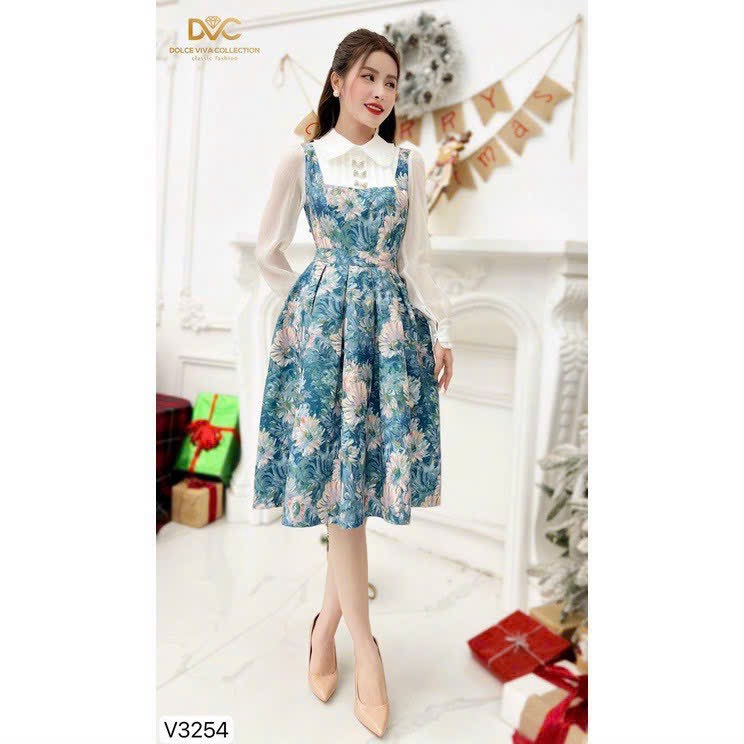 Váy đầm nữ dáng xòe họa tiết phối cổ sơ mi lụa xinh xắn