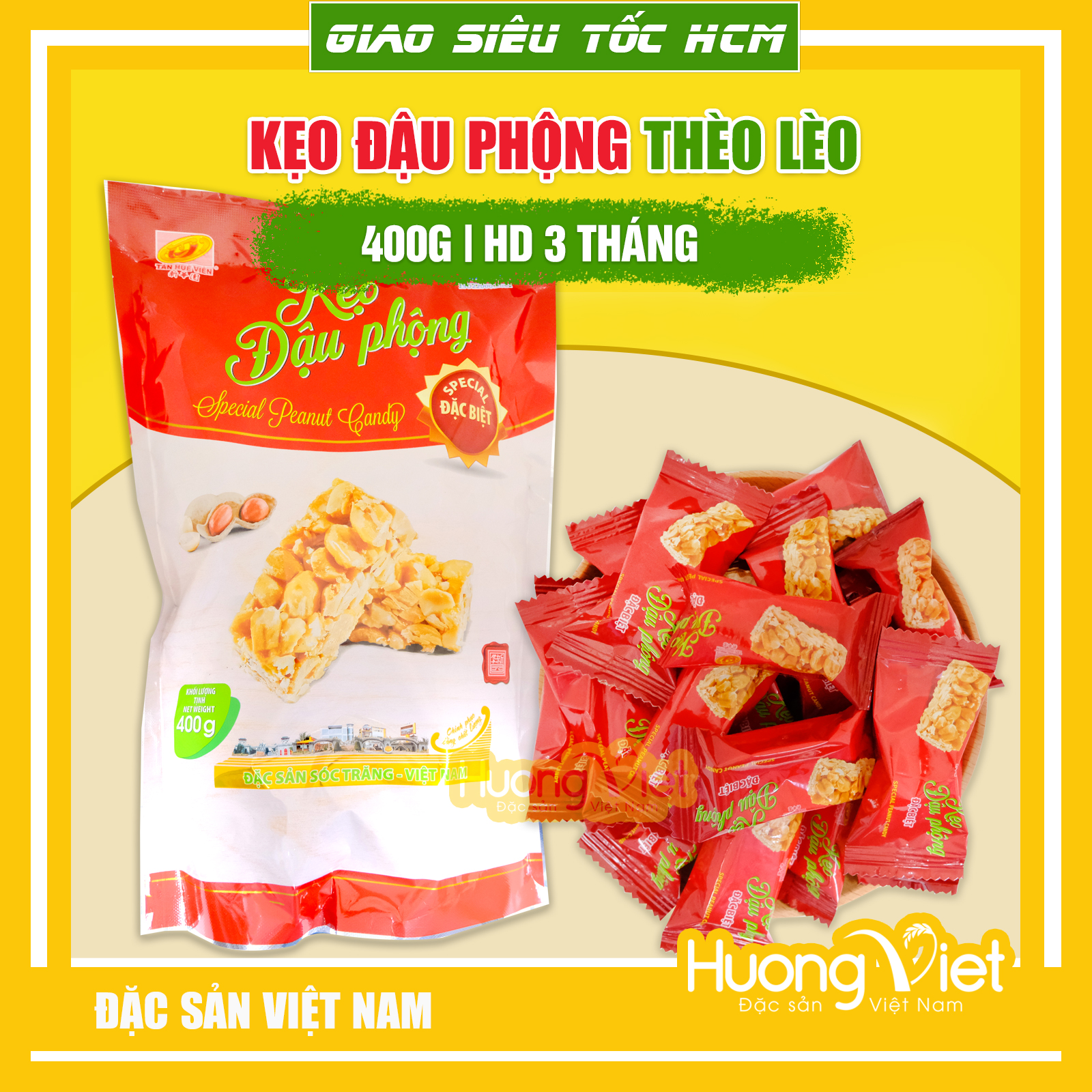 Kẹo đậu phộng kẹo lạc kẹo thèo lèo đặc biệt Tân Huê Viên hương vị thơm ngon bao bì riêng biệt túi 400g