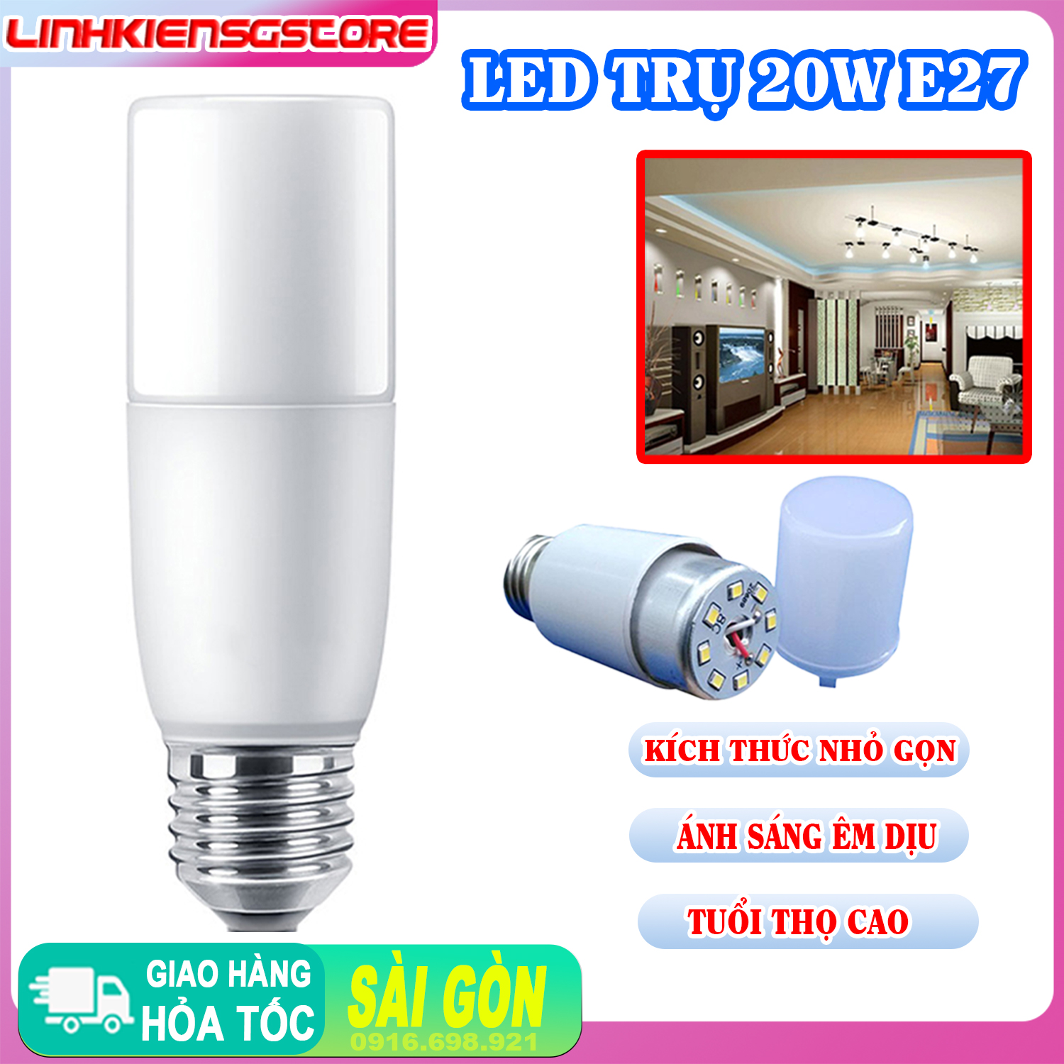 Bóng Đèn LED Trụ E27 20W Ánh Sáng Trắng Vàng Tiết Kiệm Nhỏ Gọn