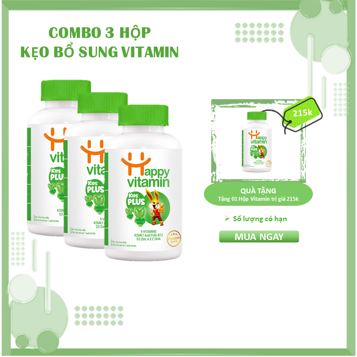 [Combo 3] Kẹo dẻo bổ sung vitamin cho bé từ 1~15 tuổi Happy Vitamin Kids Plus+, bé ăn ngon, tăng chiều cao, đề kháng
