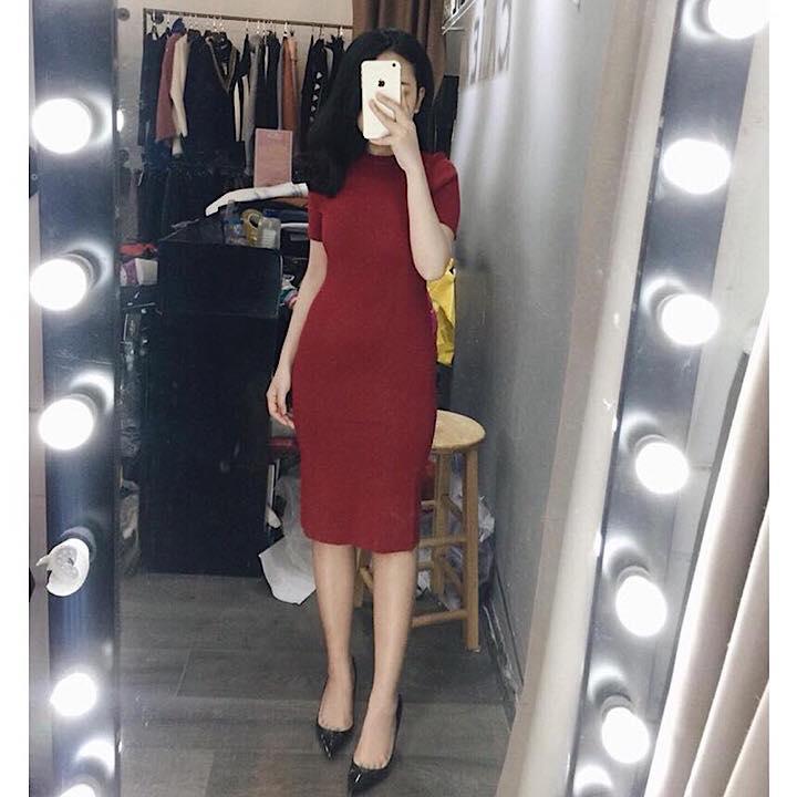 Đầm ôm body cổ tròn, chất thun co giãn tôn dáng, freesize dưới 54kg,5 màu đen, đỏ, rêu, xám, nâu bò