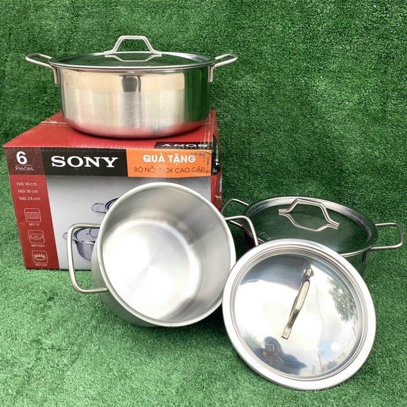 Bộ 3 nồi inox sony cho mọi loại bếp, nồi inox nắp kính dày 0.4mm - bộ nồi sony, nồi đa năng