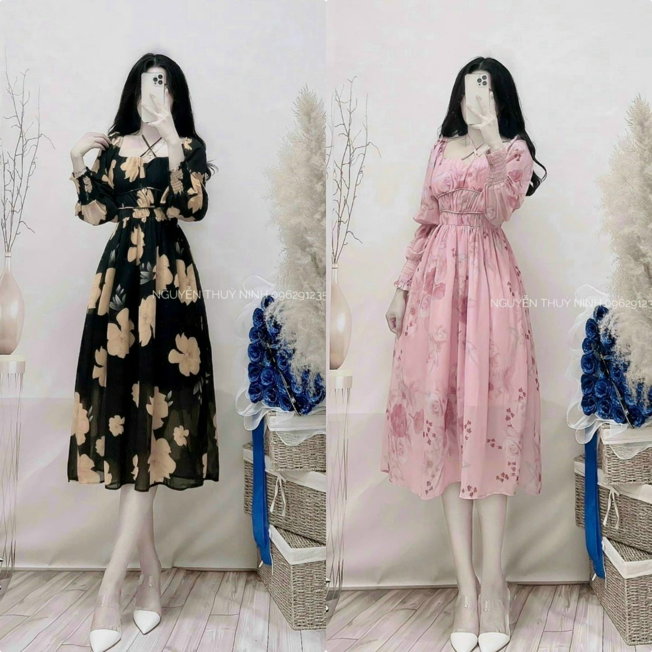 Váy đầm nữ dáng xòe tay dài họa tiết hoa trẻ trung xinh xắn