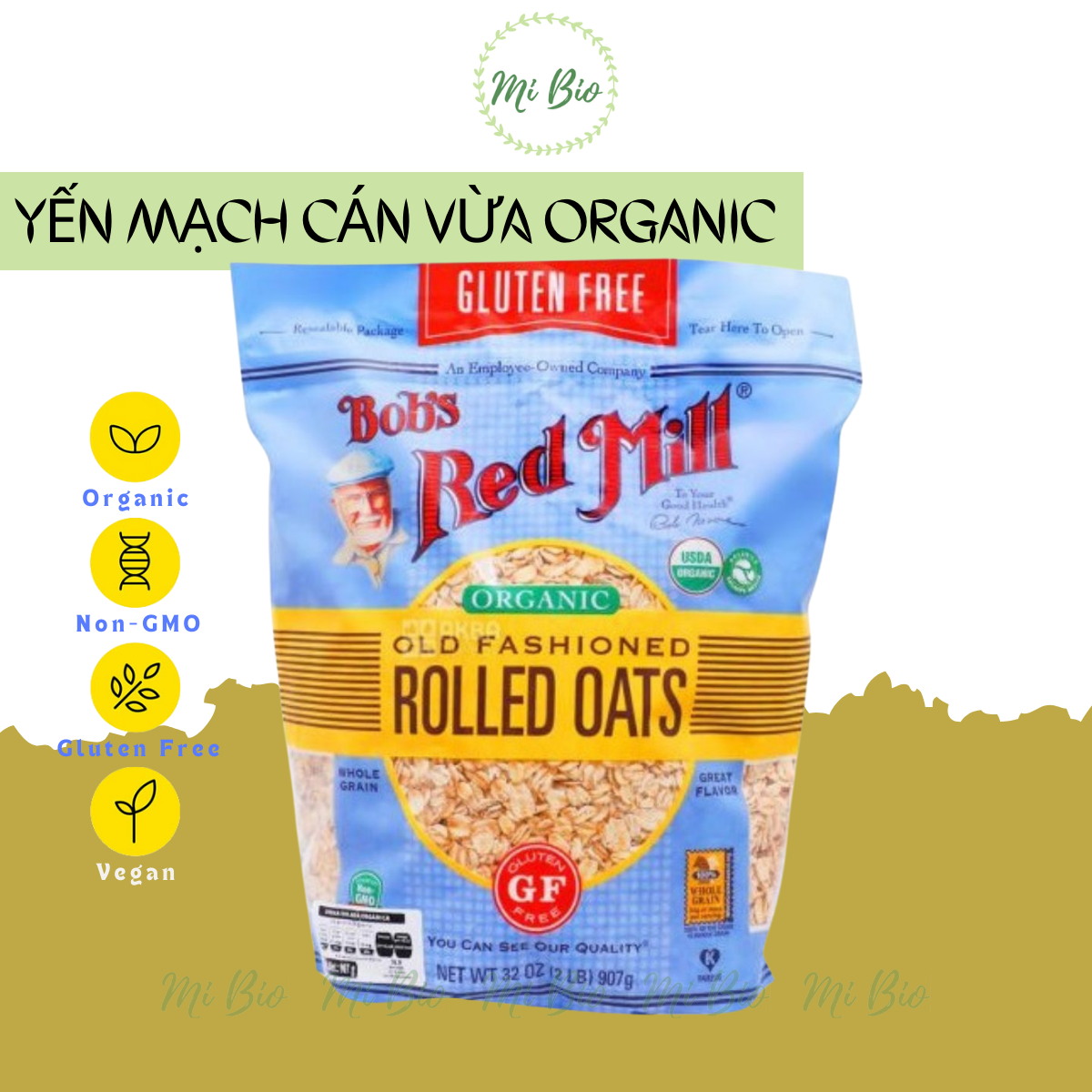 Yến mạch hữu cơ cán dẹp không chứa Gluten 907gr - Bob's Red Mill (Organic Rolled Oat Regular)