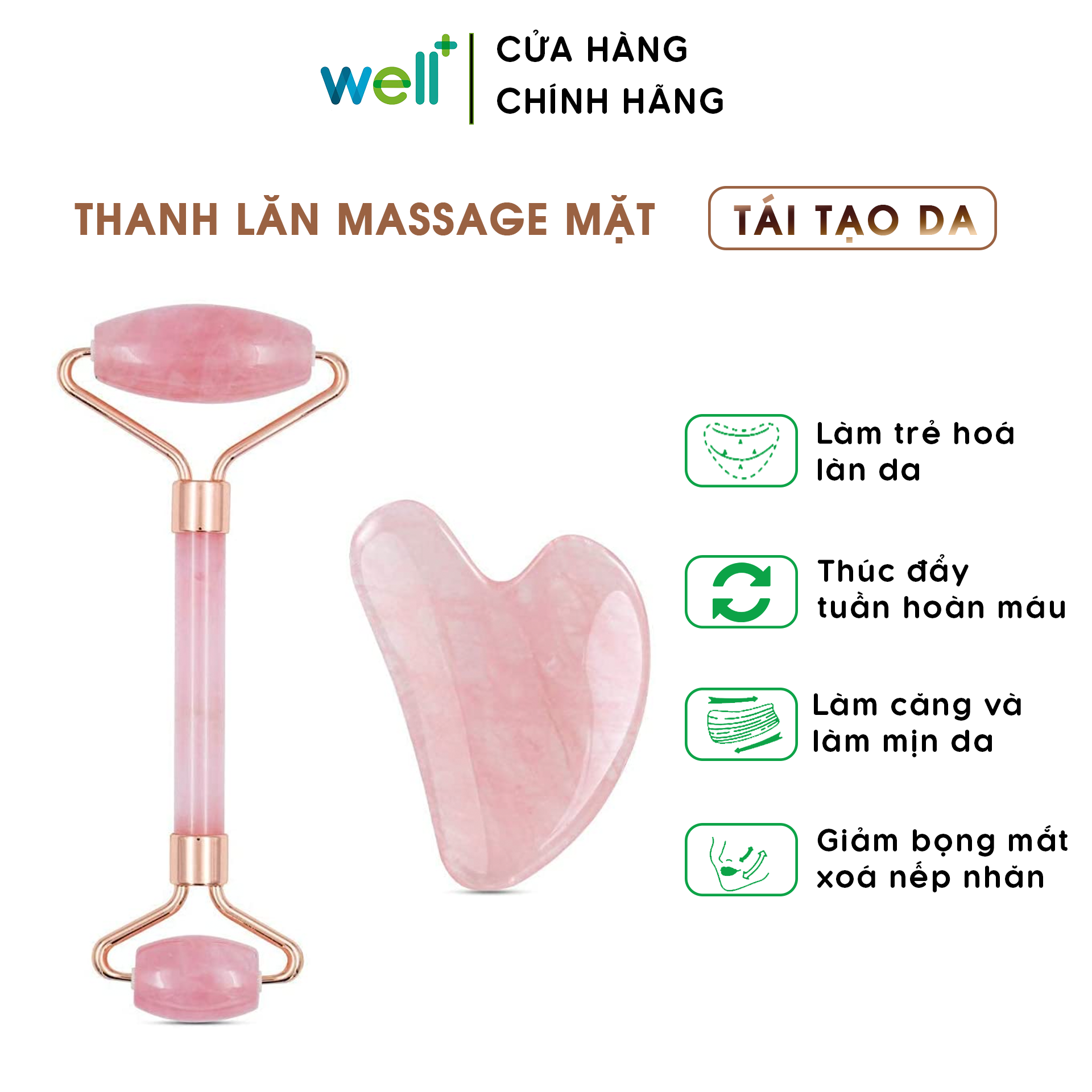 Thanh lăn massage mặt bằng đá thạch anh hồng chống lão hoá - gua sha massage mặt, mắt, môi, cổ