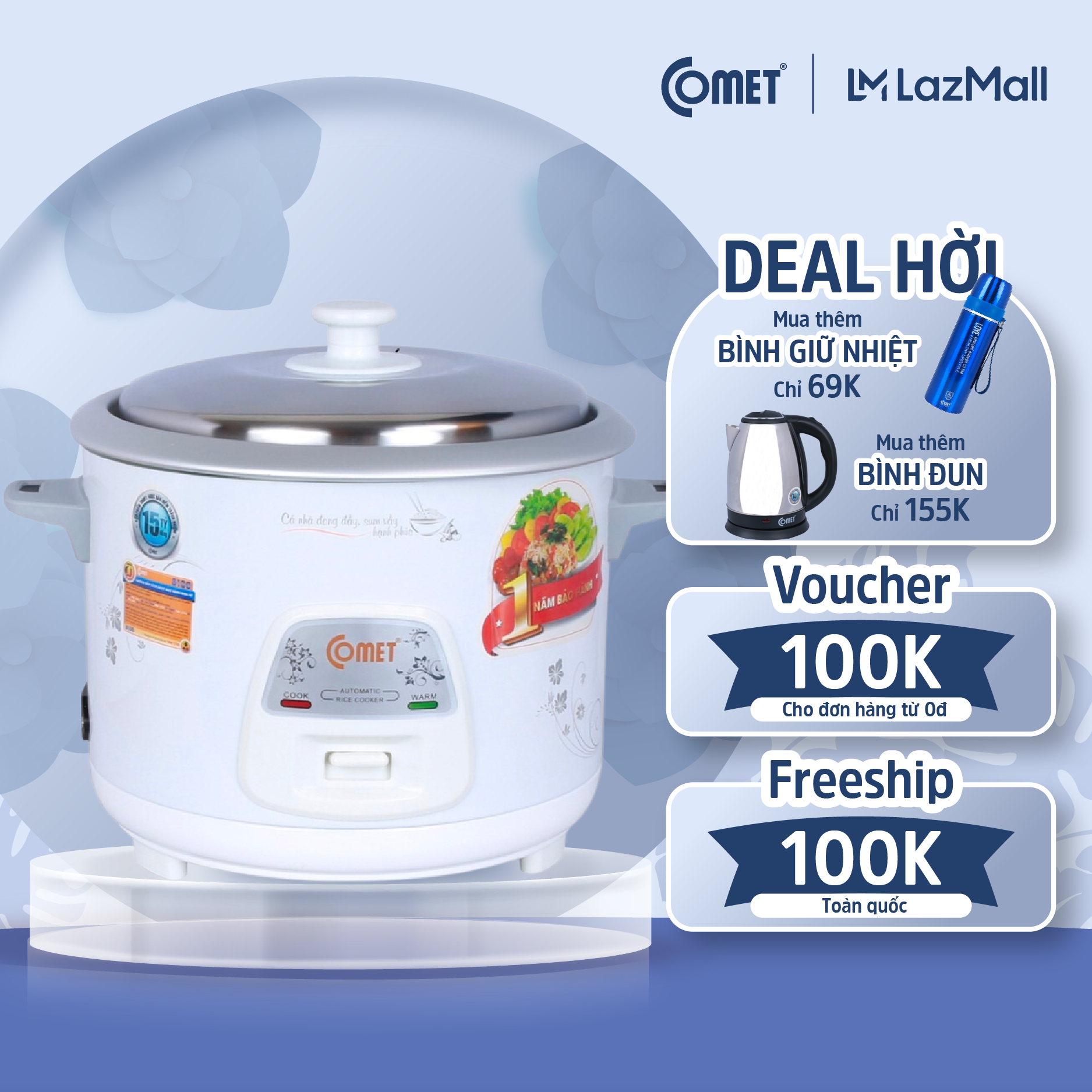 Nồi cơm điện nắp rời 1.8l comet cm8036 - hàng chính hãng - bảo hành 12 tháng