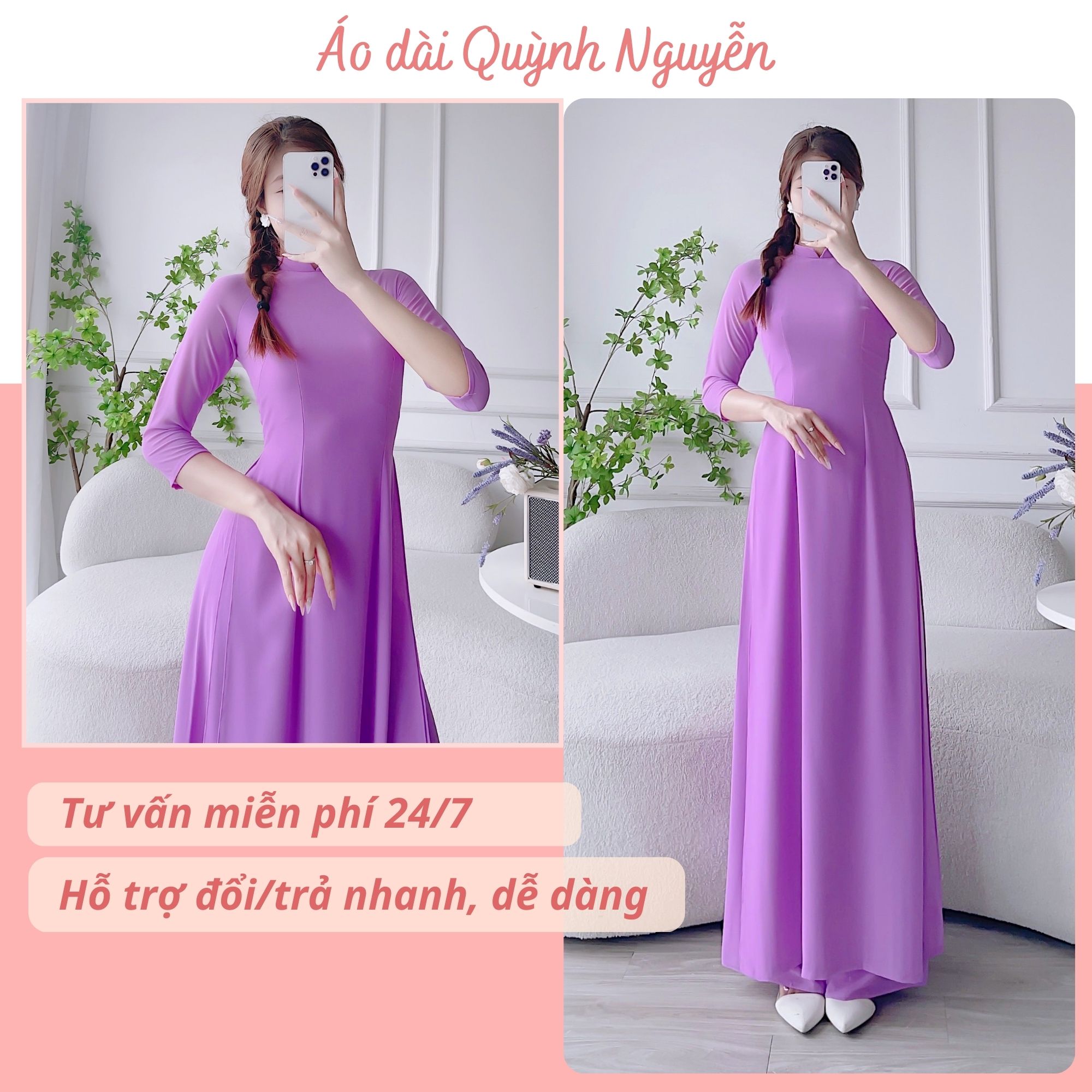 Áo dài tím, áo dài nữ lụa chi phông cao cấp 4 tà cố cao truyền thống MÃ T22