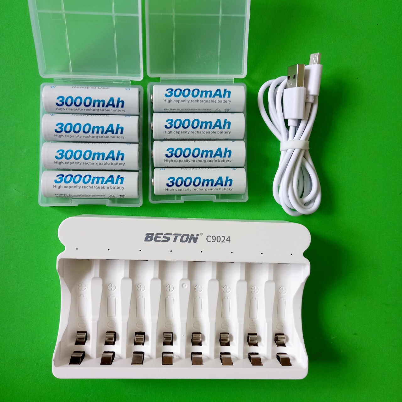 Combo 8 pin sạc AA 1.2V 3000mAh chính hãng Beston kèm bộ sạc nhanh 8 khe (cổng) 1.2V C9024
