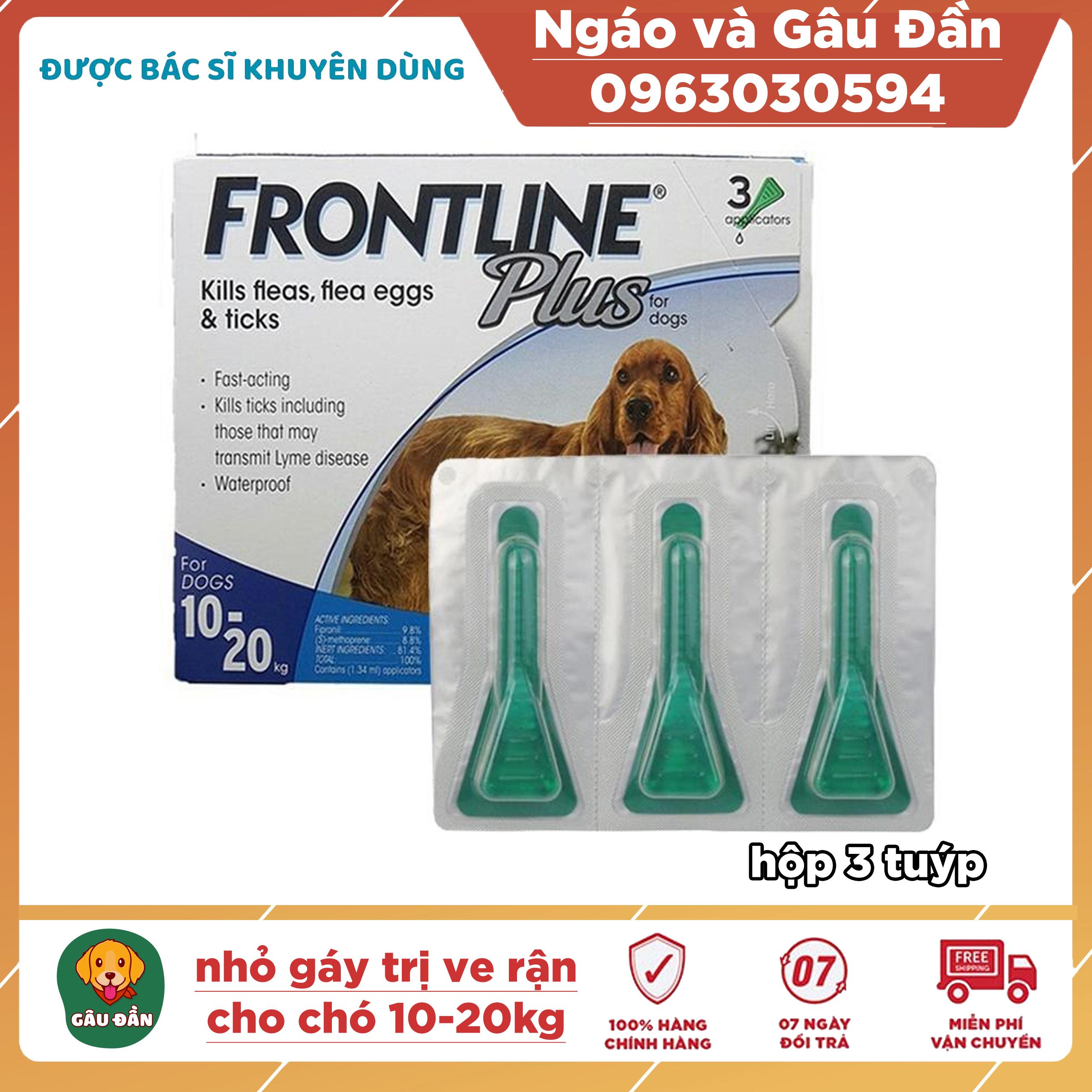 1 hộp Thuoc nhỏ gáy trị ve rận, bọ chét cho chó từ 10-20kg Frontline Plus