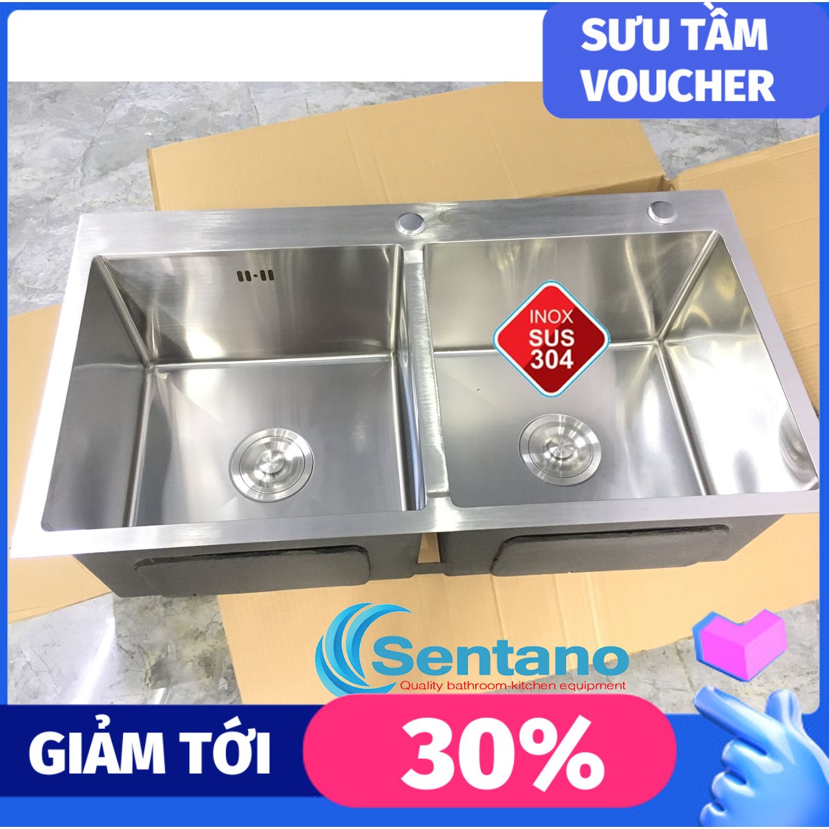 [SALE RẺ][Lấy mã giảm thêm 30%] Chậu rửa chén đúc liền khối SENTANO inox 304( 8245 CÂN ) tặng kèm bộ xả chống hôi