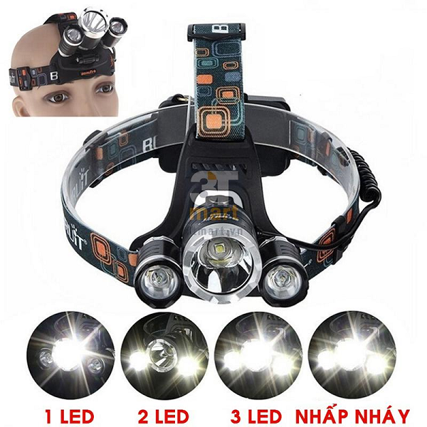 (Đèn tốt )Đèn pin đội đầu siêu sáng - Đèn Pin Led Siêu Sáng Đội Đầu 3 Bóng (Đen) Nhiều Chế độ ,tặng kèm pin và sạc