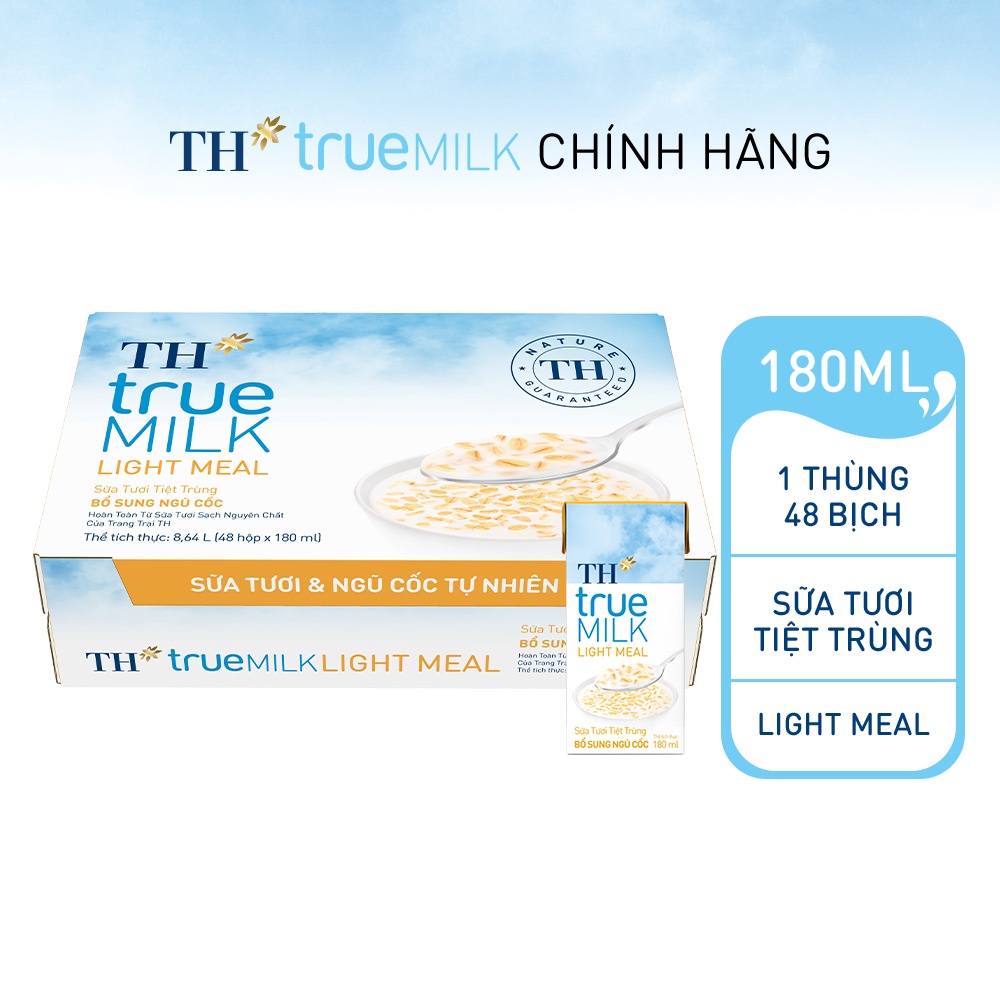 Thùng 48 hộp sữa tươi tiệt trùng th true milk light meal bổ sung ngũ cốc 180ml