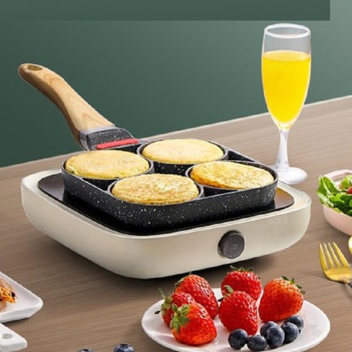 Chảo chiên, rán, ốp trứng làm bánh 4 ngăn kiểu nhật gang đúc 100% chống dính tay cầm gỗ dùng bếp từ bếp ga