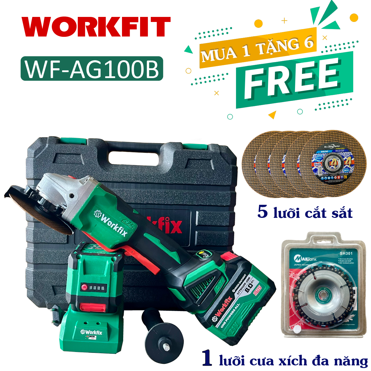 [mua 1 tặng 6] Máy Mài cầm tay WORKFIX WF-AG100B Không chổi than 2 pin 15cell mạch 4 mosfet, Máy mài kutan pin 20 cell mạch 6 mosfet