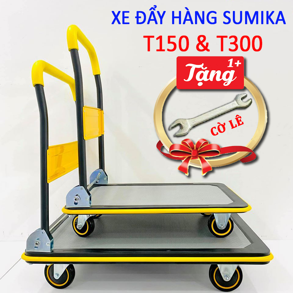 Xe đẩy hàng sàn thép tay cầm gấp gọn chính hãng Sumika T150 & T300 tải trọng 150kg và 300kg (bảo hành 2 năm) xe kéo hàng