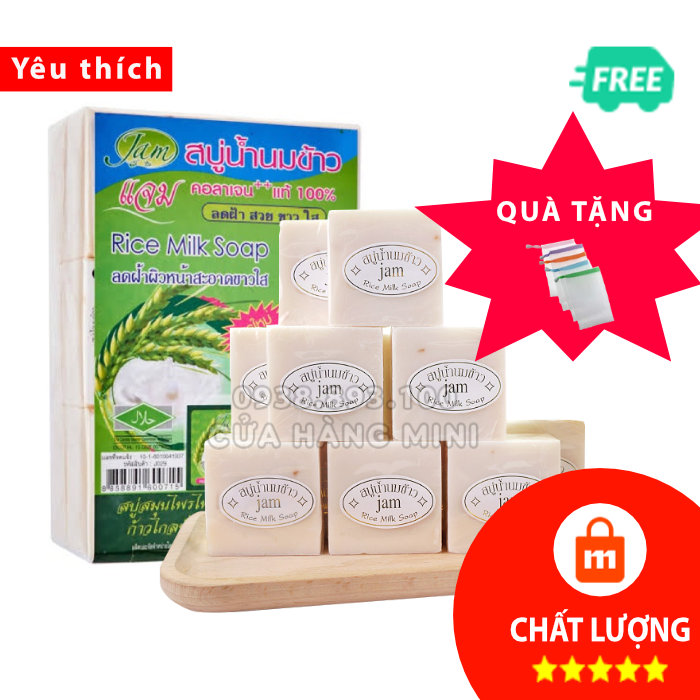 【FREESHIP】 Combo 12 Cục Xà Phòng Kích Trắng Da Cám Gạo Jam Rice Milk Soap Thái Lan (Tặng Kèm Túi Lưới Đựng Xà Phòng)